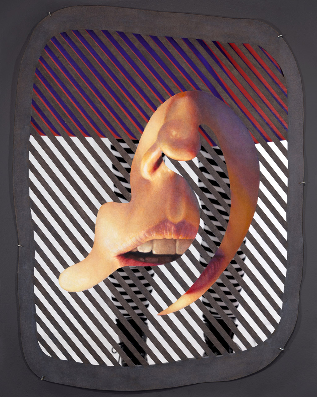 Legs wearing striped leggings visible through slatted paper, with a cut-out of a mouth in front.